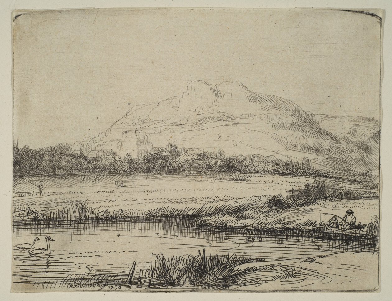 Canal com um pescador e duas cisnes, 1650. de Rembrandt van Rijn
