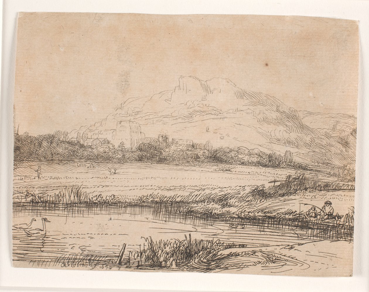 Canal com um pescador e dois cisnes de Rembrandt van Rijn