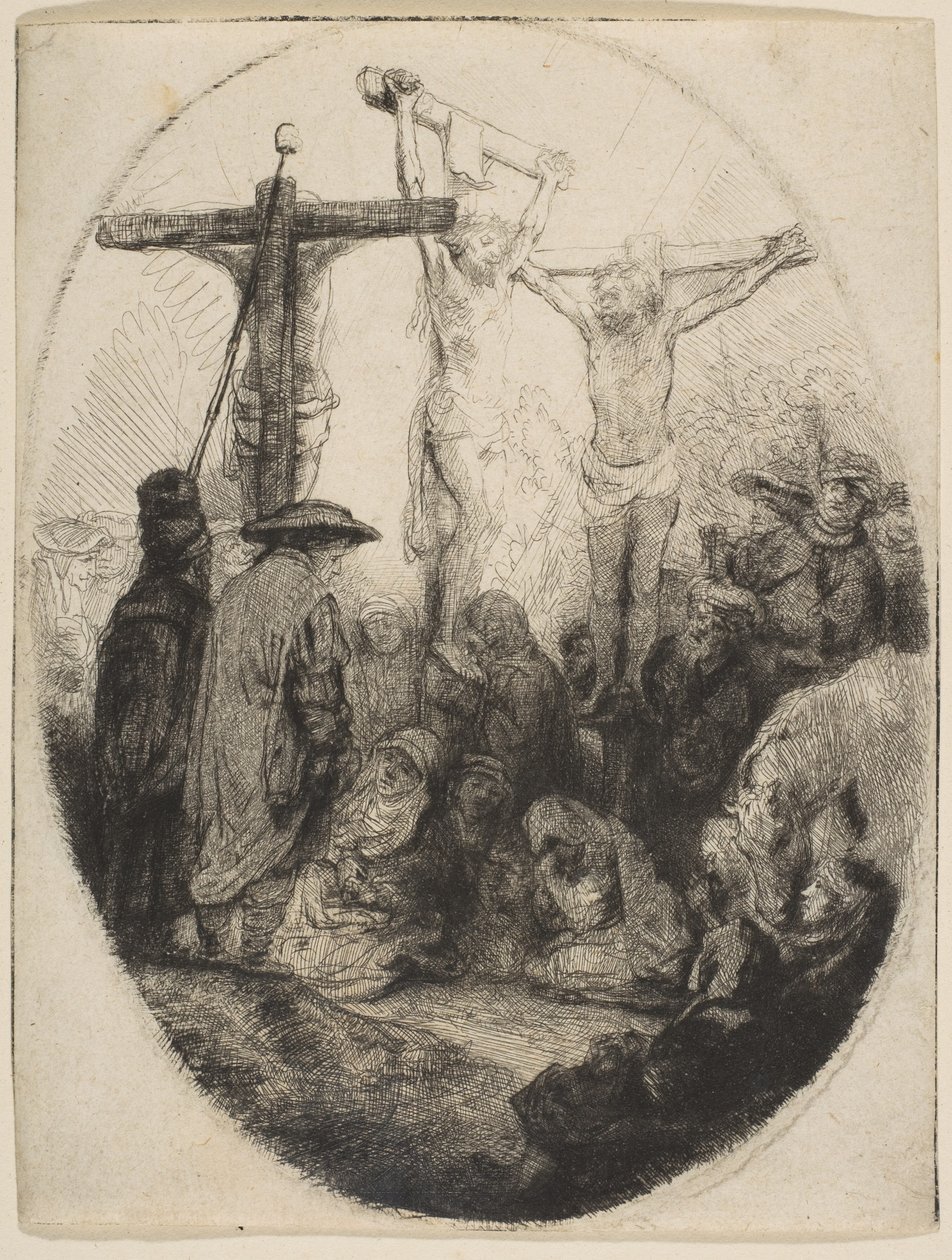 Cristo crucificado entre dois ladrões, placa oval, ca. 1641 de Rembrandt van Rijn