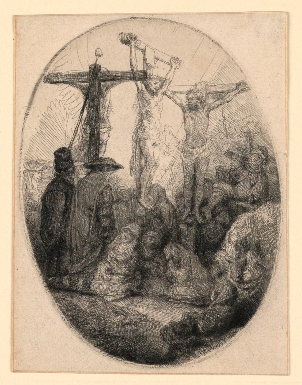 Cristo crucificado entre os dois ladrões: uma placa oval de Rembrandt van Rijn
