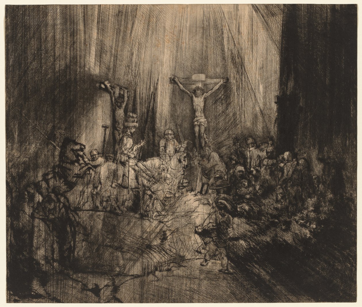 Cristo crucificado entre os dois ladrões: as três cruzes, 1653- c.1660. de Rembrandt van Rijn