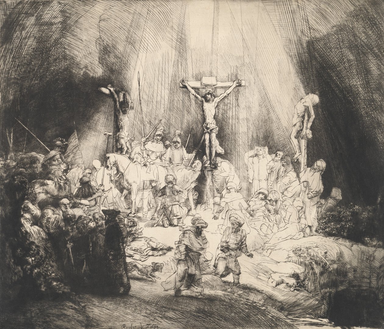 Cristo Crucificado entre os Dois Ladrões As Três Cruzes, 1653. de Rembrandt van Rijn