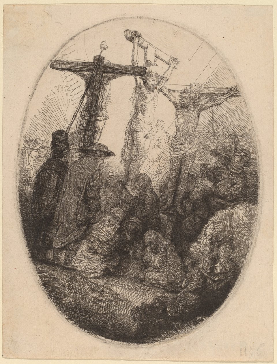 Cristo crucificado entre os dois ladrões: uma placa oval de Rembrandt van Rijn