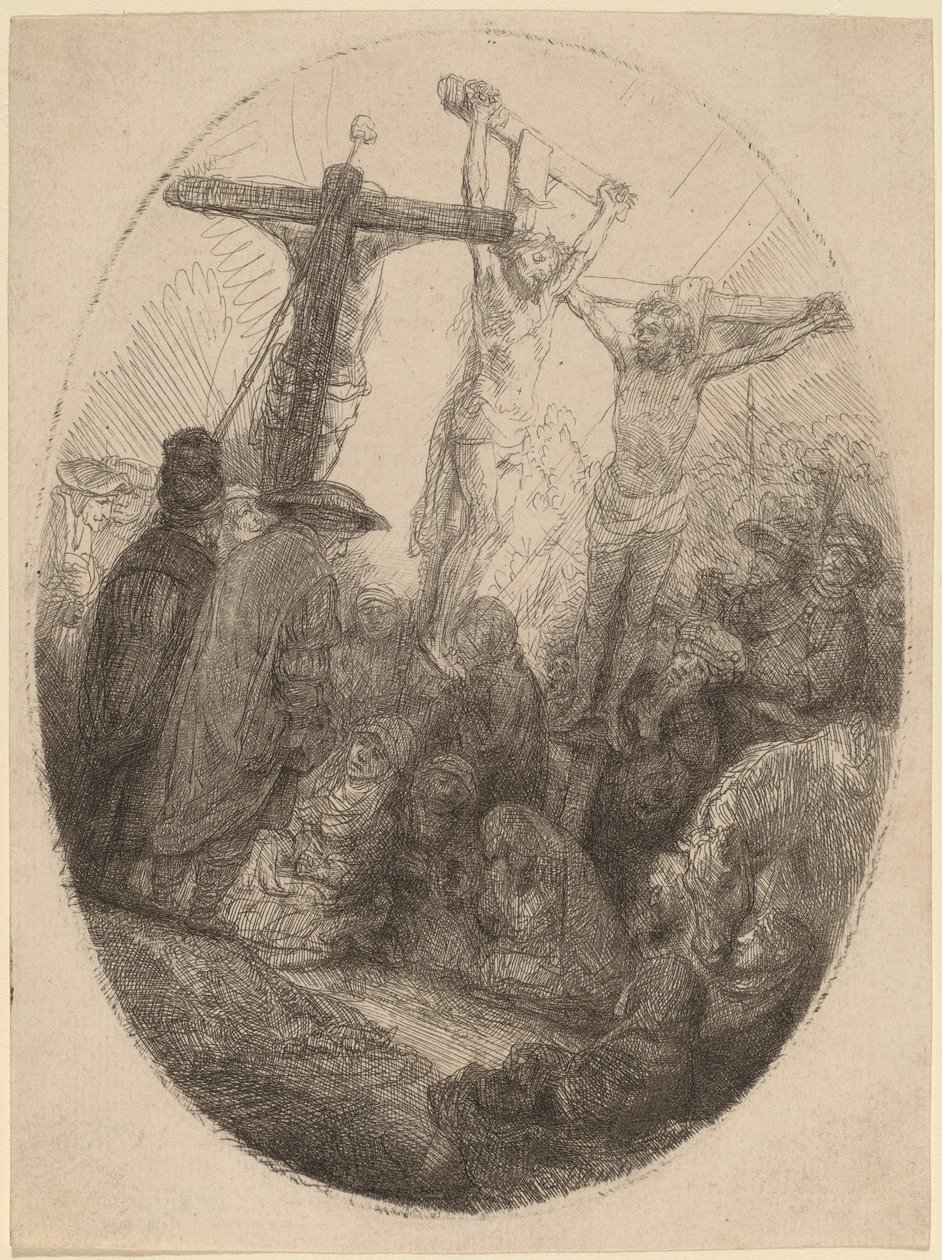 Cristo crucificado entre os dois ladrões: uma placa oval de Rembrandt van Rijn