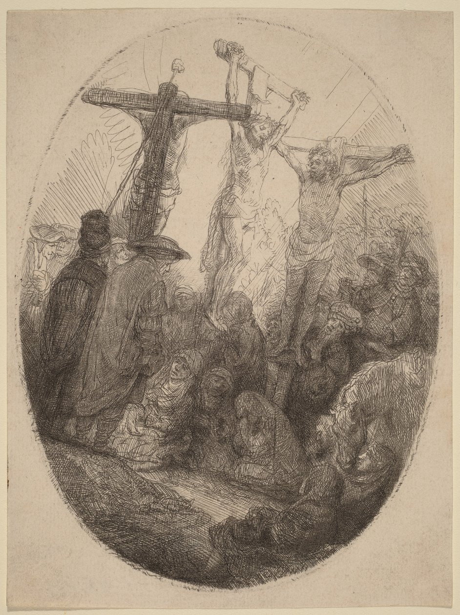 Cristo Crucificado entre os Dois Ladrões: um prato oval de Rembrandt van Rijn