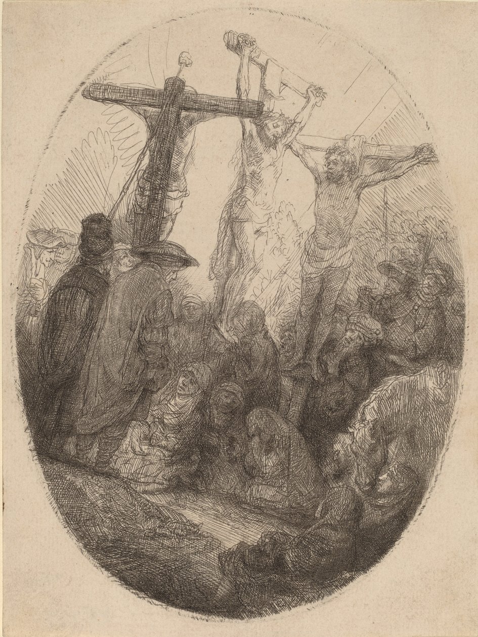 Cristo crucificado entre os dois ladrões: uma placa oval, c. 1641. de Rembrandt van Rijn