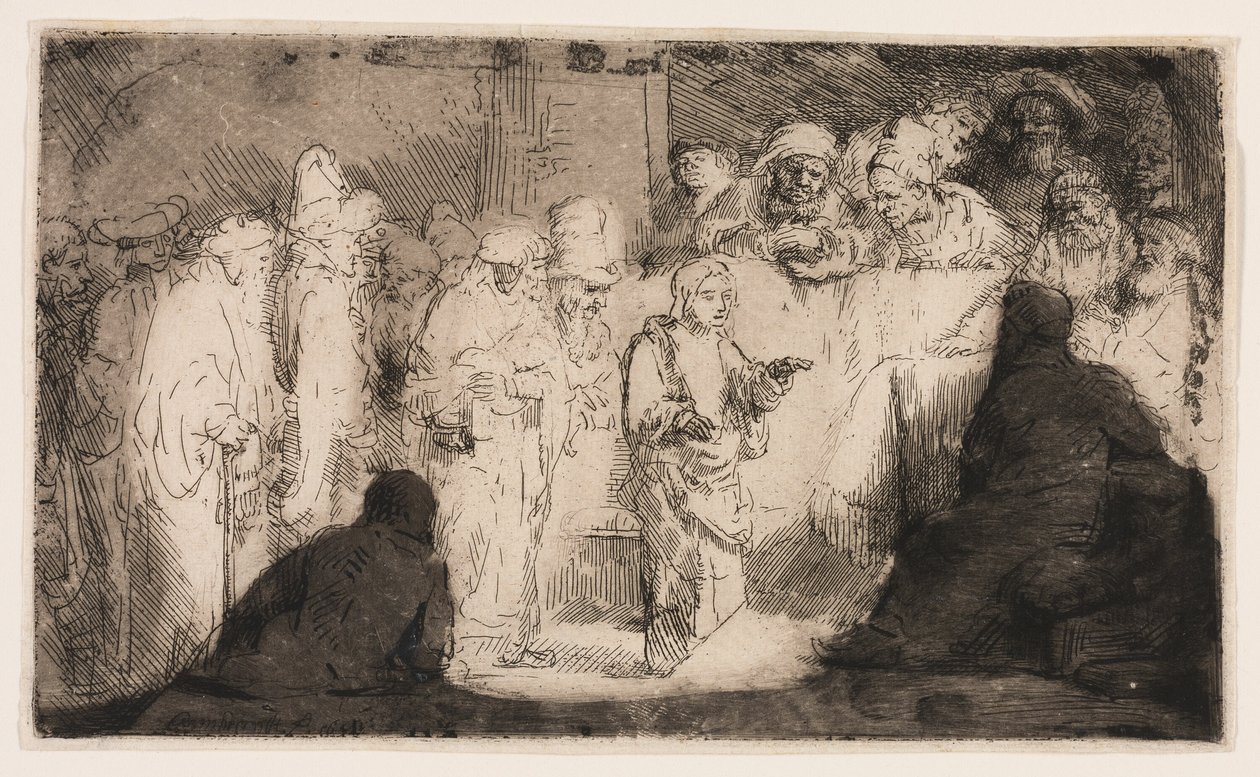 Cristo disputando com os médicos: um esboço de Rembrandt van Rijn