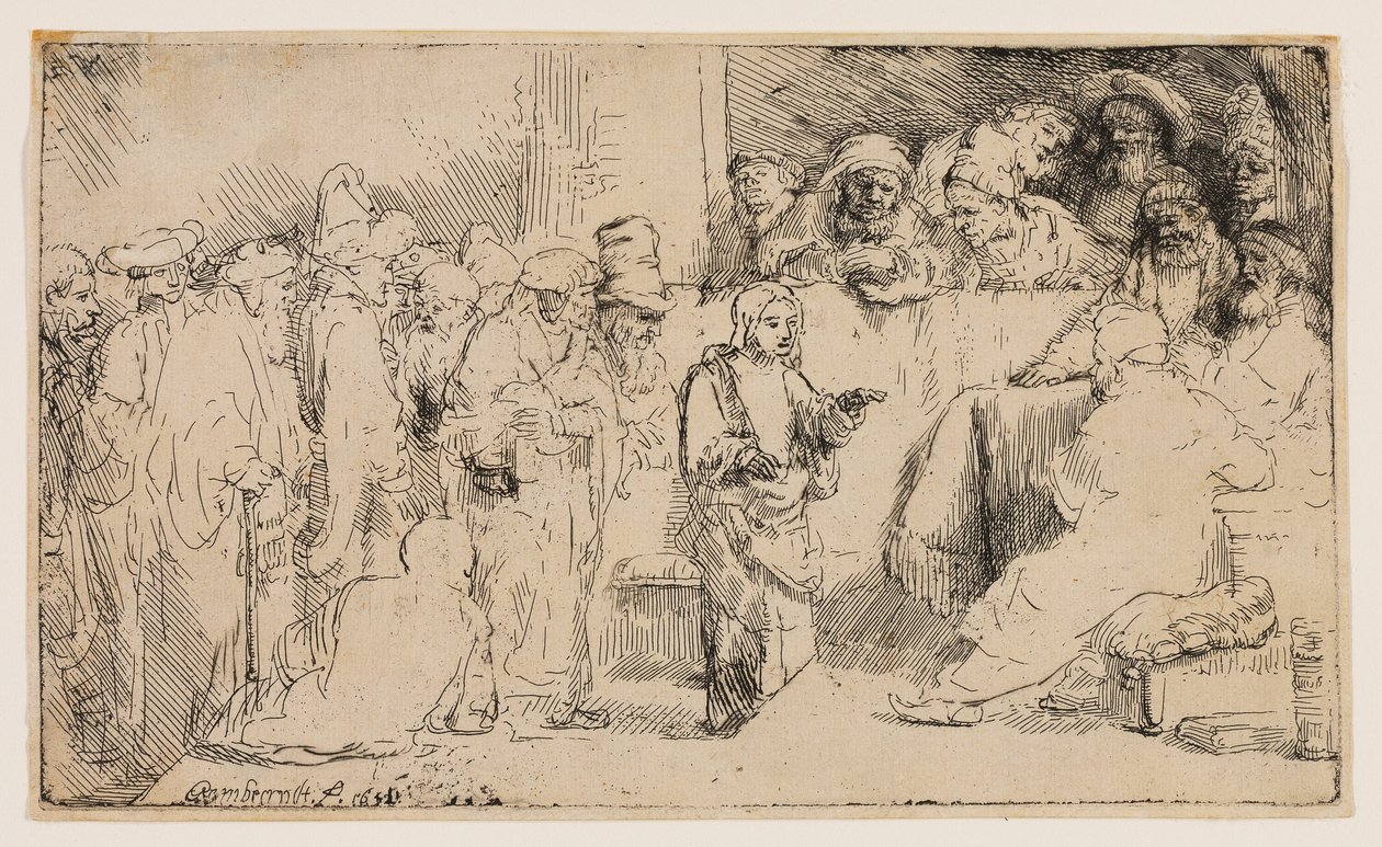 Cristo disputando com os médicos: um esboço de Rembrandt van Rijn