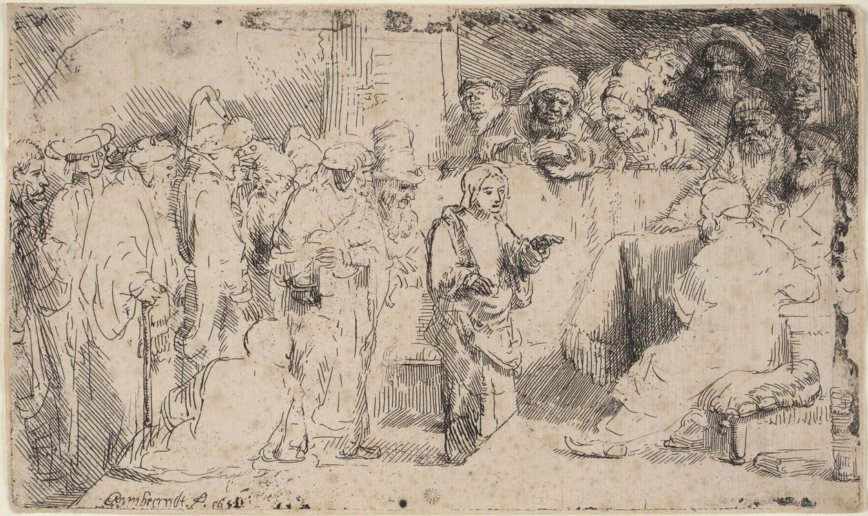 Cristo a debater com os doutores: um esboço de Rembrandt van Rijn