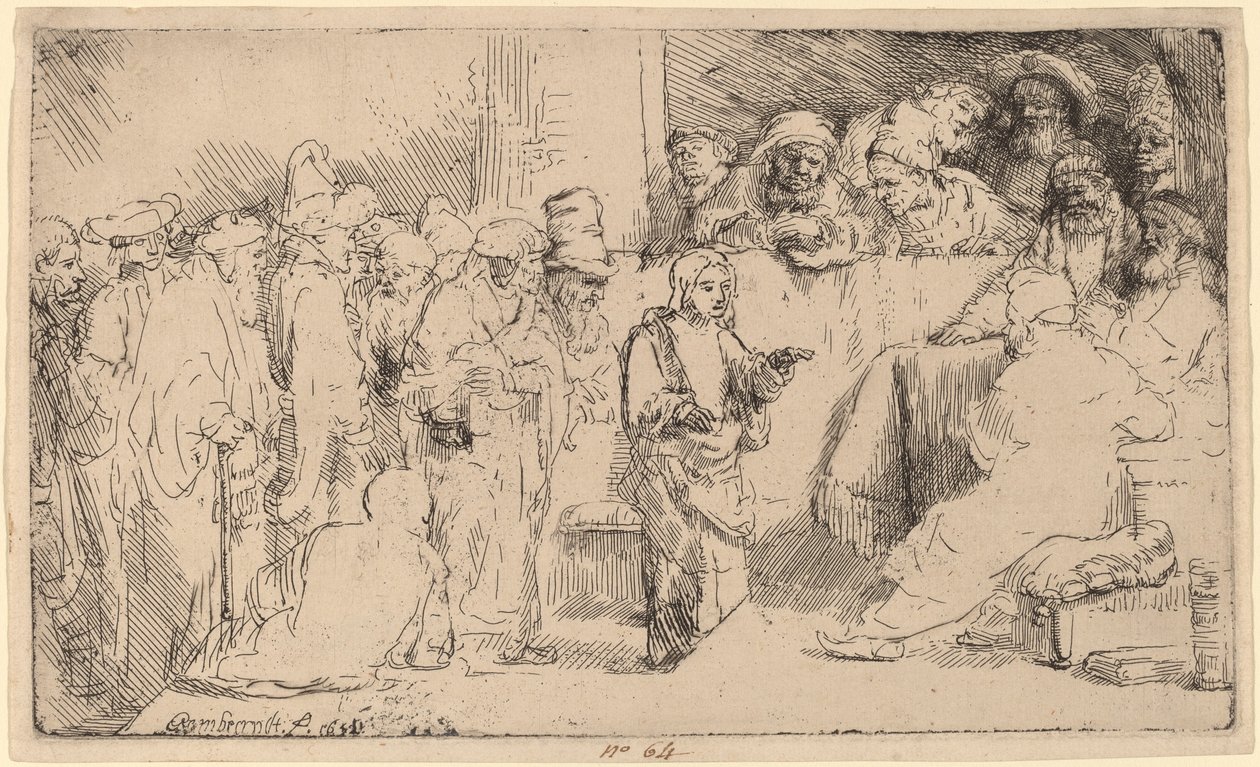 Cristo disputando com os médicos: um esboço de Rembrandt van Rijn