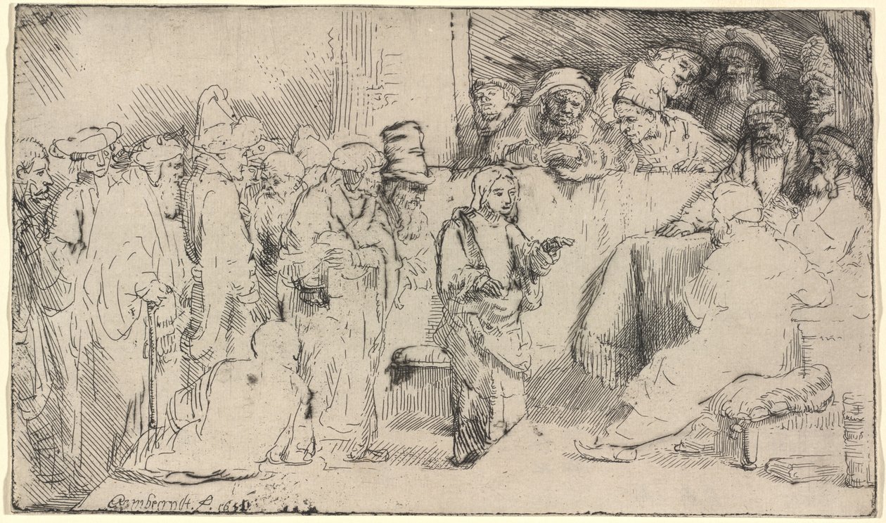 Cristo disputando com os médicos: um esboço de Rembrandt van Rijn