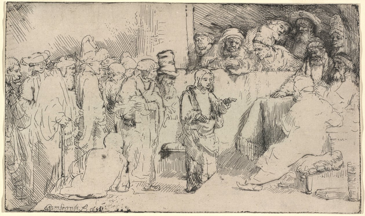 Cristo a debater com os doutores: um esboço de Rembrandt van Rijn