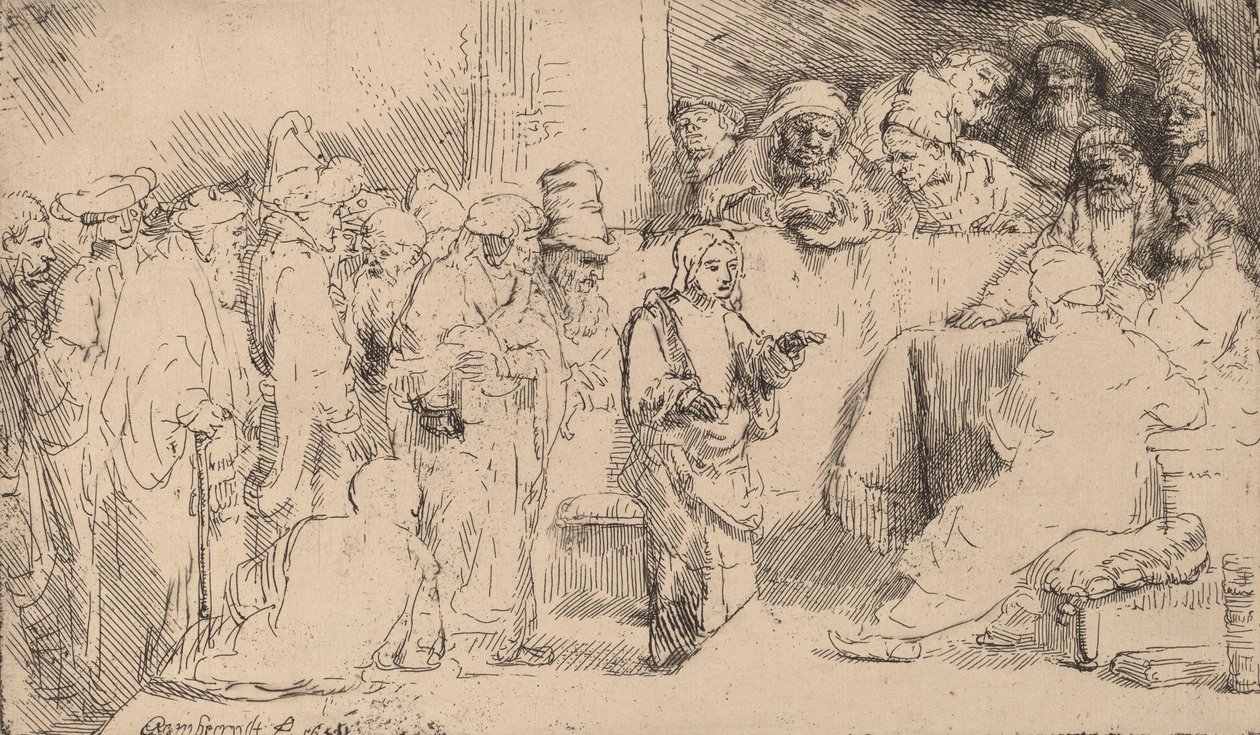 Cristo disputando com os médicos: um esboço, 1652. de Rembrandt van Rijn