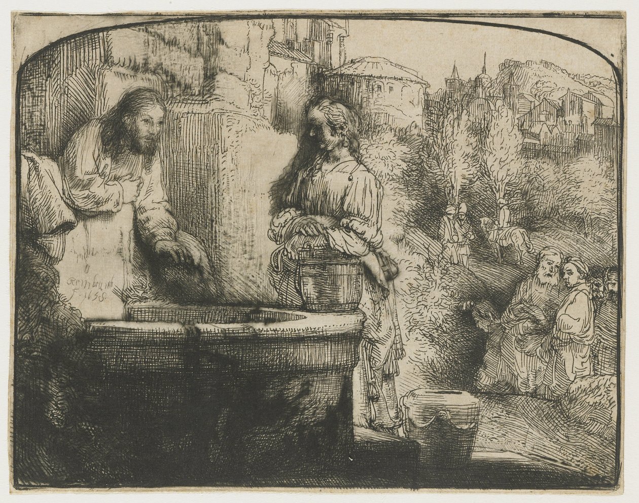 Cristo e a Mulher de Samaria Cristo e a mulher de Samaria: uma gravura em arco de Rembrandt van Rijn
