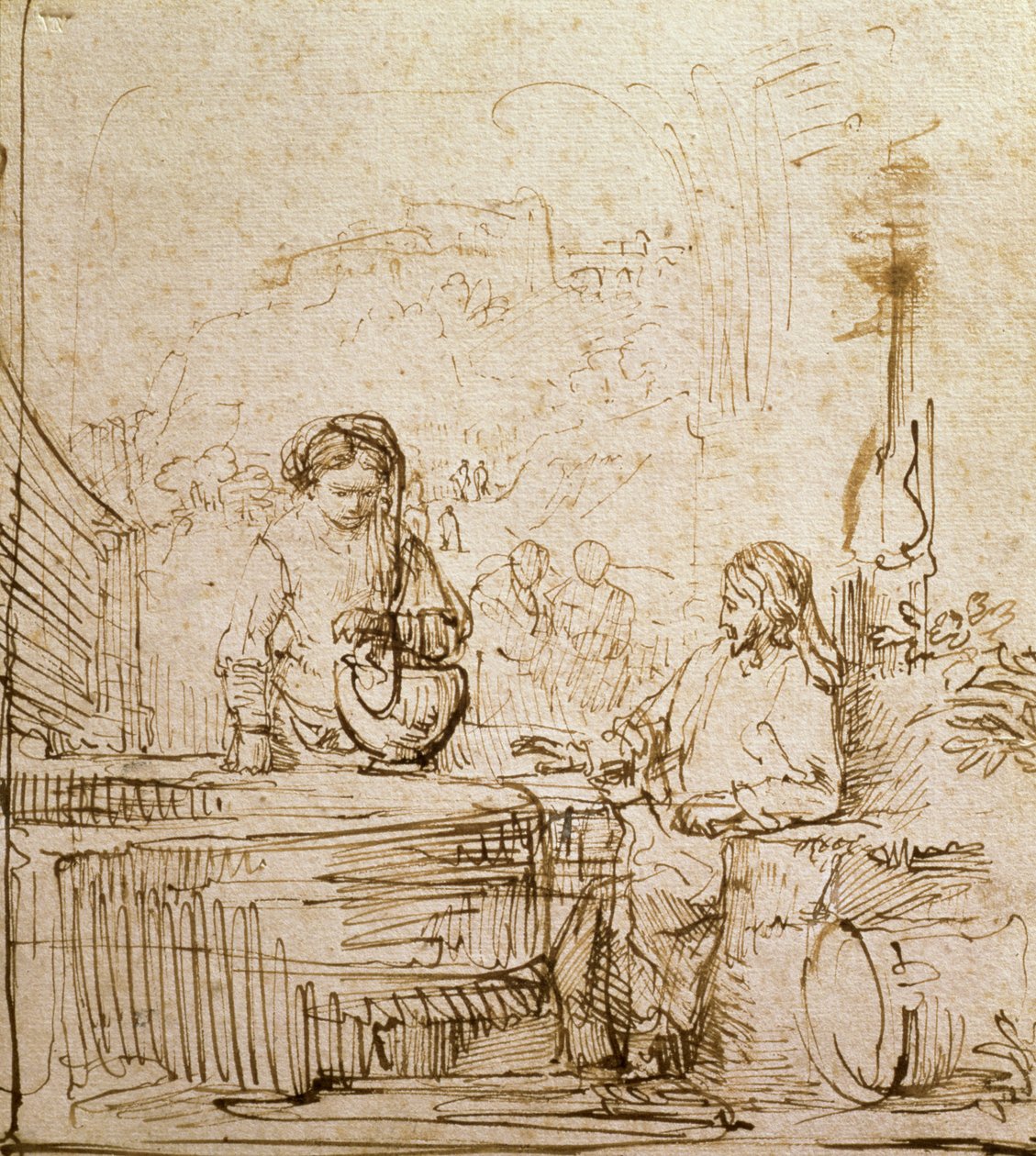 Cristo e a Mulher de Samaria (caneta e tinta marrom no papel) de Rembrandt van Rijn