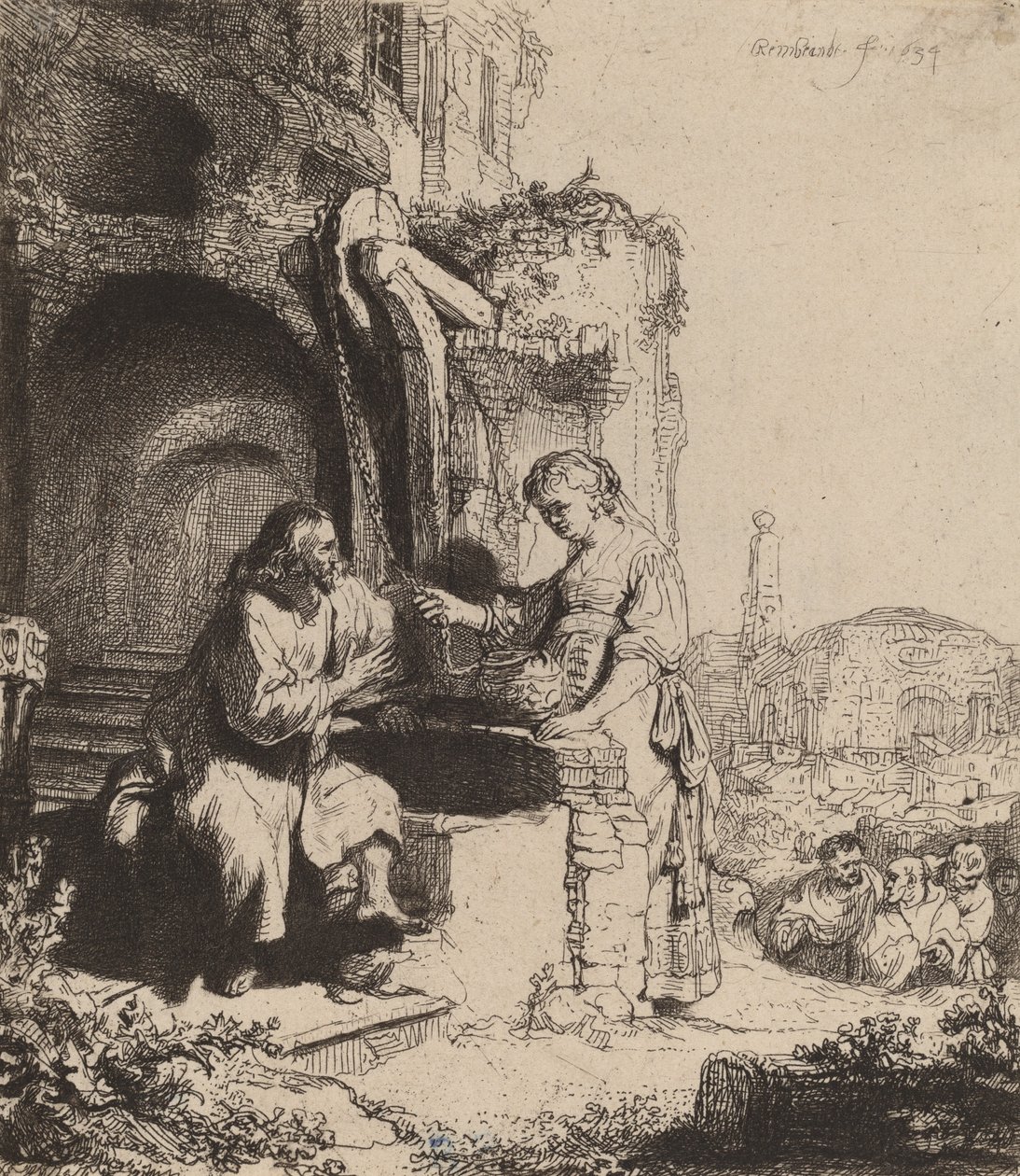 Cristo e a mulher de Samaria entre as ruínas, 1634. de Rembrandt van Rijn
