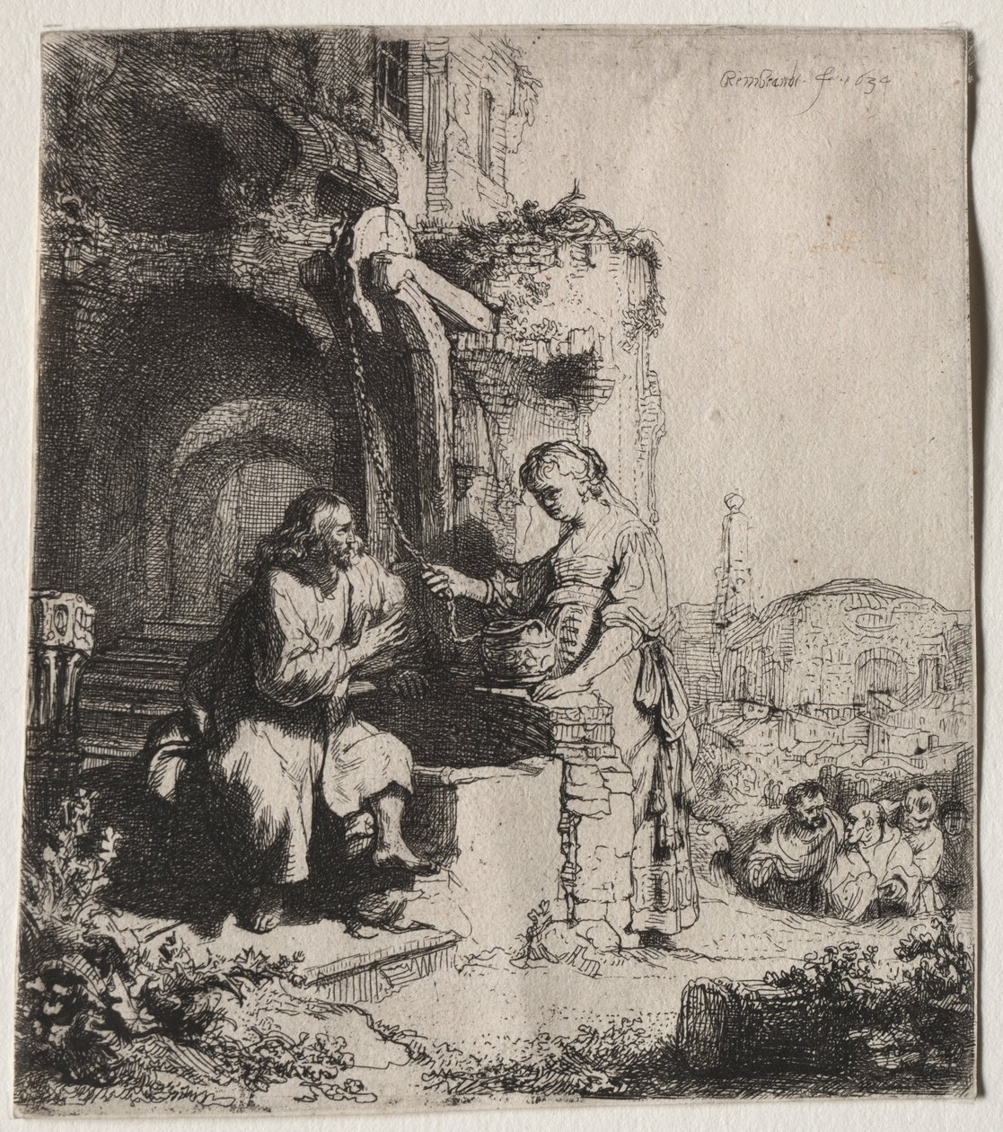 Cristo e a mulher de Samaria entre as ruínas, 1634. de Rembrandt van Rijn