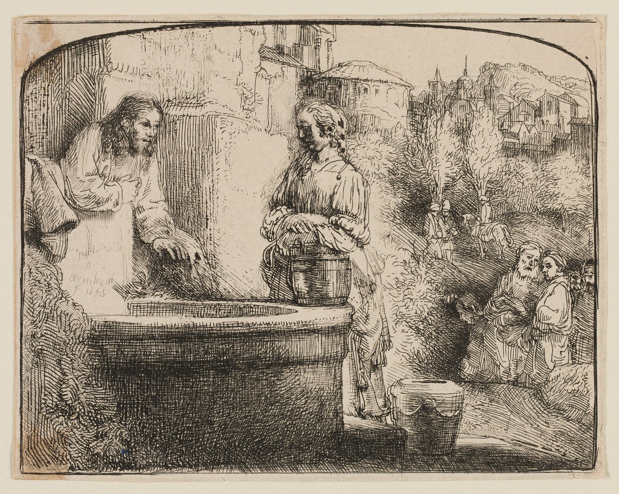Cristo e a mulher de Samaria: uma gravura em arco de Rembrandt van Rijn