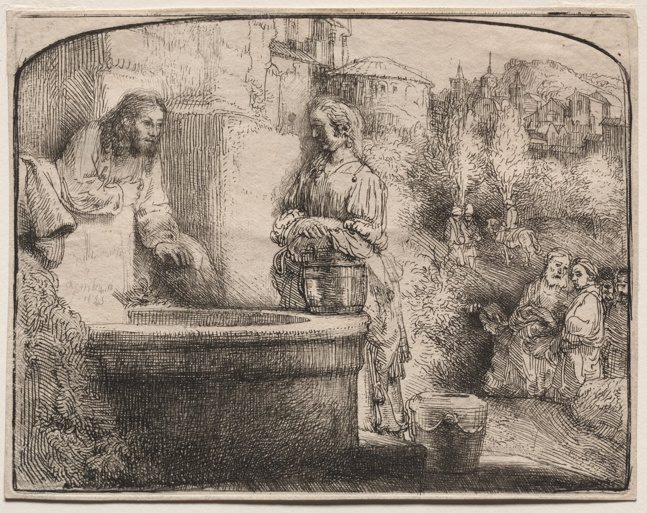 Cristo e a mulher de Samaria: uma cópia arqueada, 1657-58. de Rembrandt van Rijn