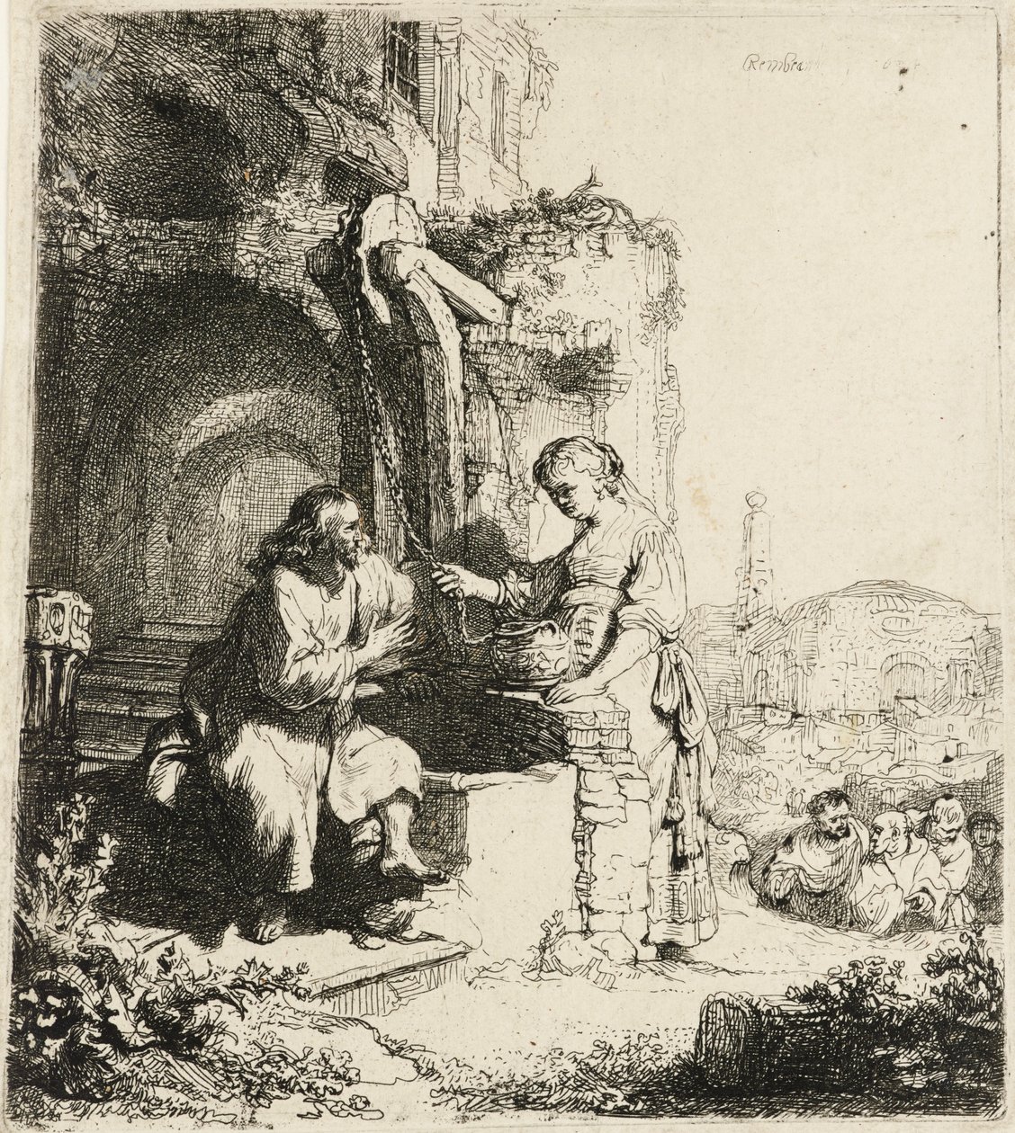 Cristo e a mulher de Samaria entre as ruínas [João 4:5-20], 1634. de Rembrandt van Rijn