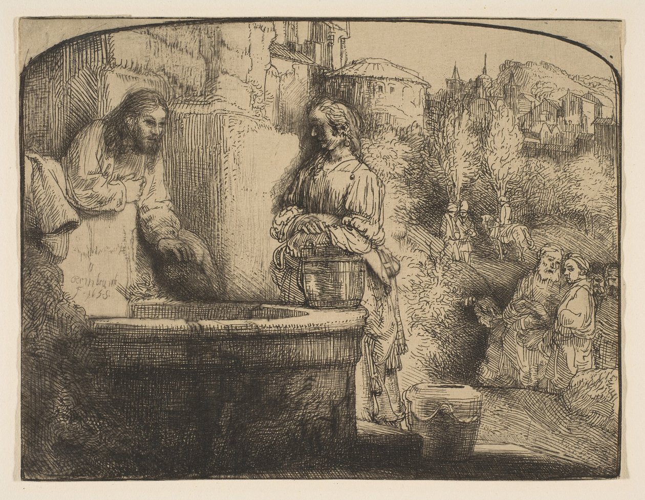 Cristo e a mulher de Samaria: uma impressão em arco, 1658. de Rembrandt van Rijn