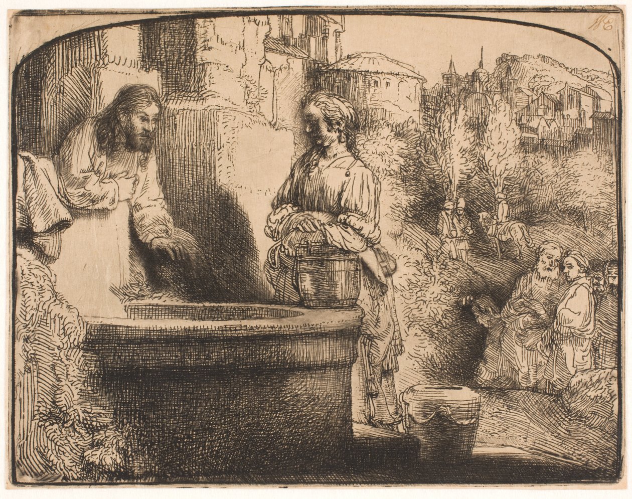 Cristo e a mulher de Samaria: uma gravura em arco de Rembrandt van Rijn