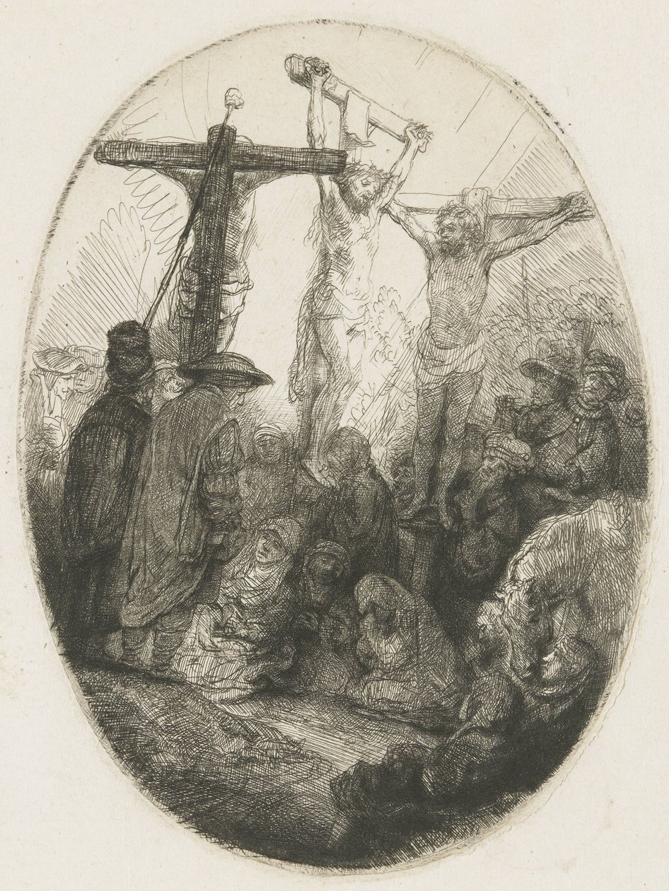 Cristo crucificado entre os dois ladrões: uma placa oval de Rembrandt van Rijn