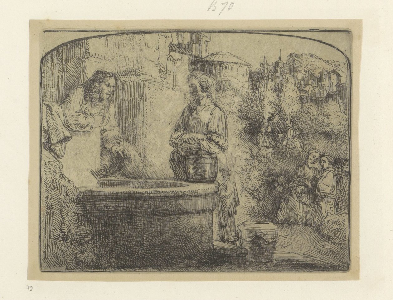 Christus en de Samaritaanse vrouw
Colecção de oitenta e cinco estampas originais (título da série) de Rembrandt van Rijn