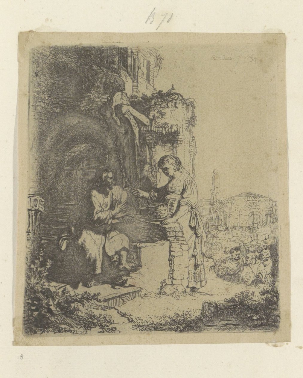 Cristo e a mulher samaritana: ruínas no fundo
Recueil de quatre-vingt-cinq estampes originales (título da série) de Rembrandt van Rijn