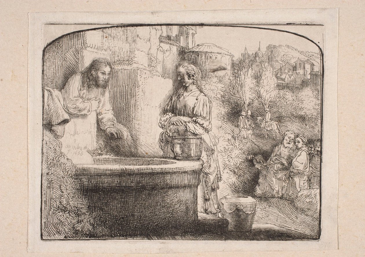Cristo e a Samaritana (Composição encerrada na parte superior por um arco) de Rembrandt van Rijn