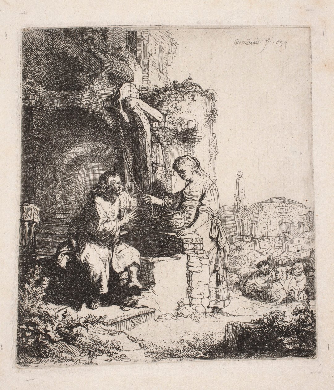 Cristo e a Samaritana entre as ruínas (gravura vertical) de Rembrandt van Rijn