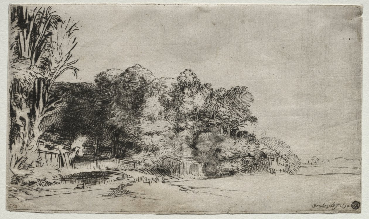 Grupo de árvores com vista de Rembrandt van Rijn