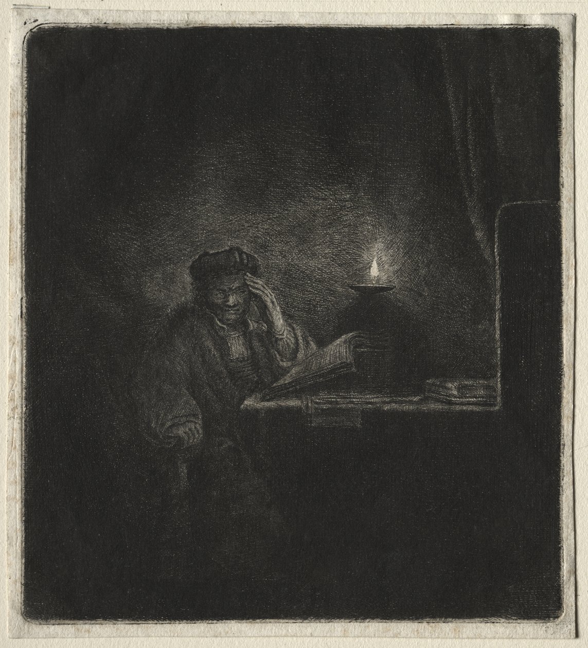 Cópia de Aluno em uma mesa à luz de velas de Rembrandt van Rijn