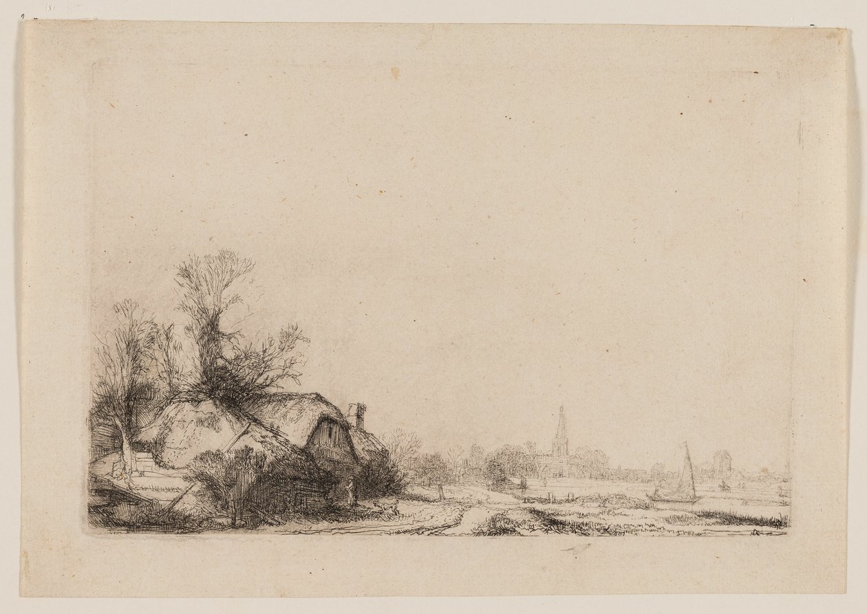 Cottage ao lado de um canal com vista para Ouderkerk de Rembrandt van Rijn