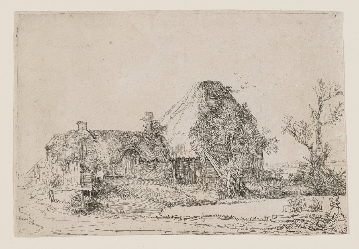 Casa de campo e edifícios agrícolas com um homem a desenhar de Rembrandt van Rijn