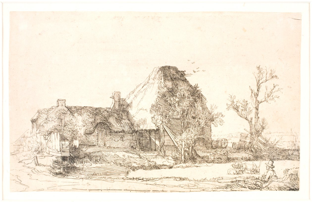 Edifícios de casas de campo e fazenda com um homem desenhando de Rembrandt van Rijn