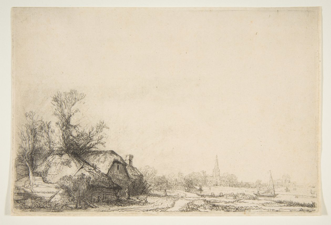 Casa de campo ao lado de um canal com vista para Ouderkerk, ca. 1641. de Rembrandt van Rijn