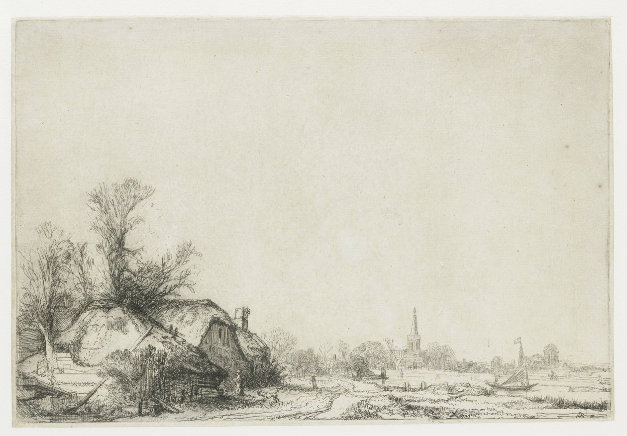 Casa de campo ao lado de um canal com vista para Ouderkerk de Rembrandt van Rijn