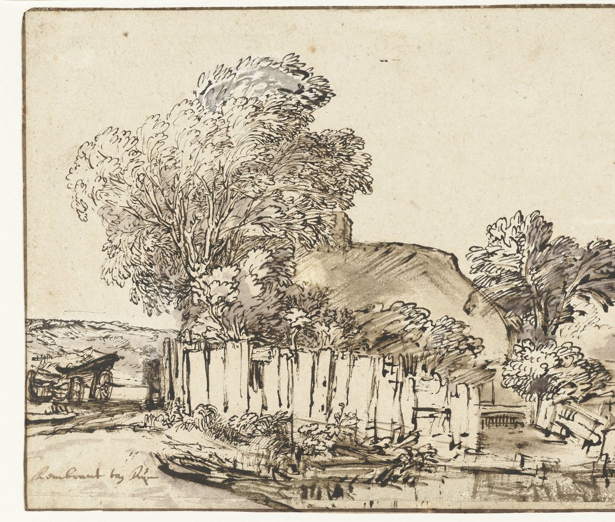 Casa de campo com pala branca entre as árvores de Rembrandt van Rijn