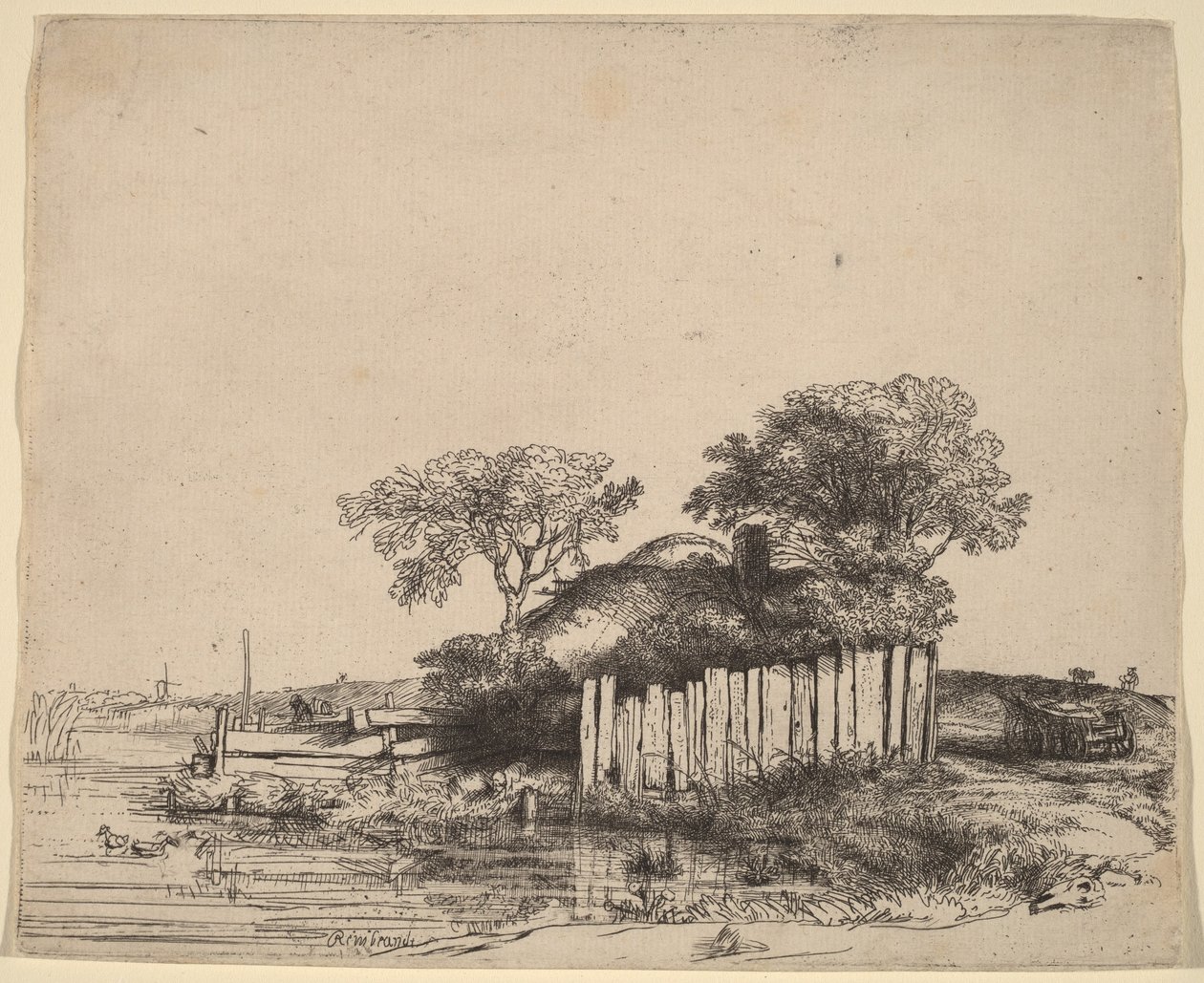Casinha com uma cerca branca de ripas de Rembrandt van Rijn