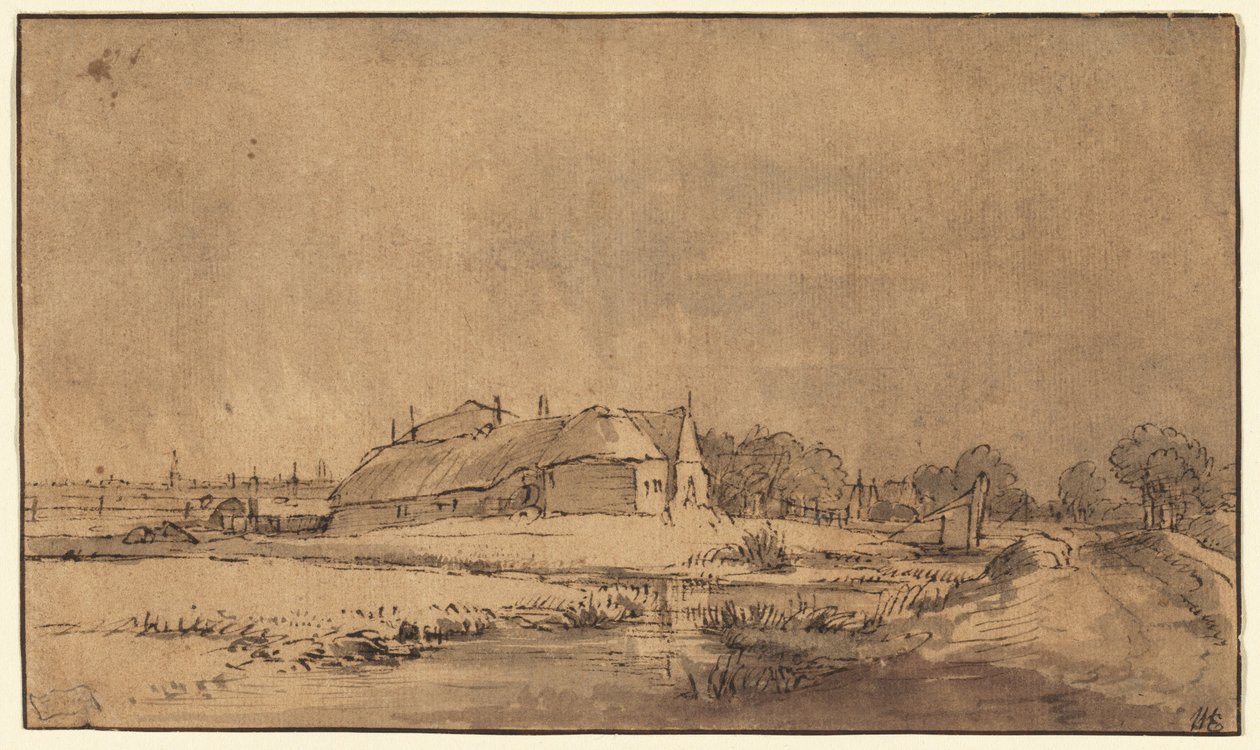 Casas de campo e celeiro ao lado de uma estrada de Rembrandt van Rijn