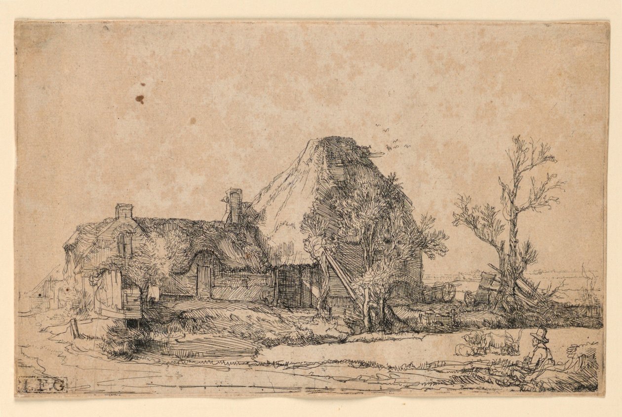 Casas de campo e construção de fazenda com um homem desenhando de Rembrandt van Rijn