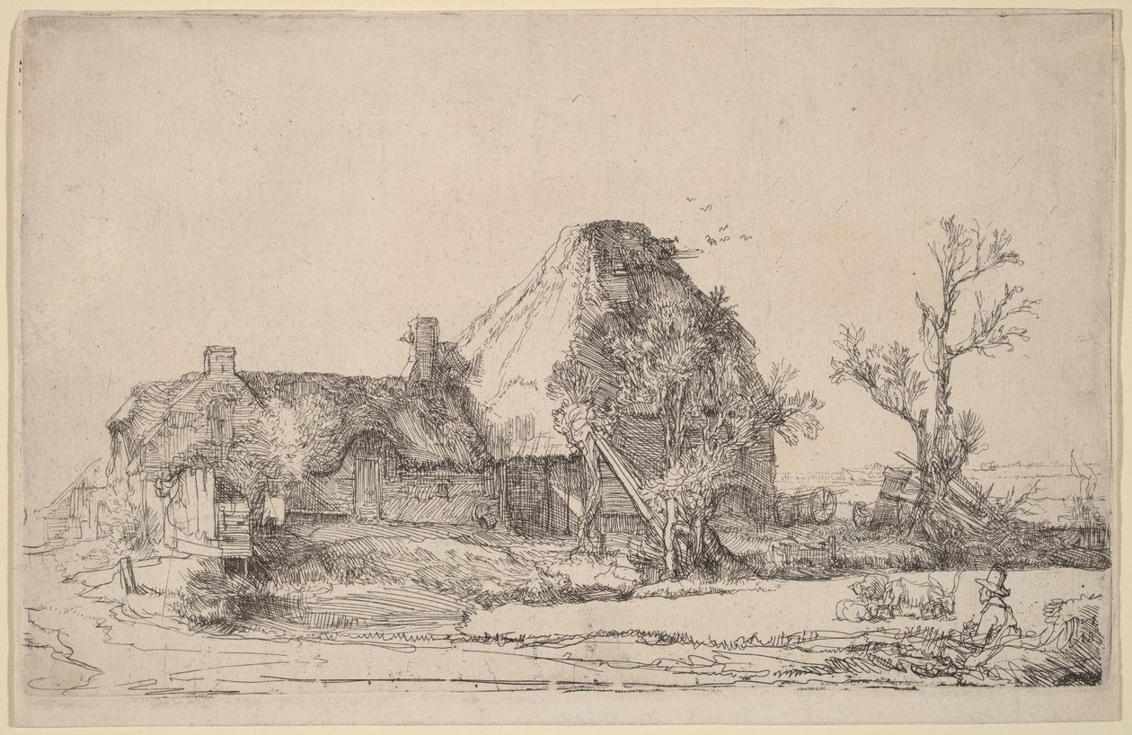 Casas de campo e edifícios agrícolas com um homem a desenhar de Rembrandt van Rijn