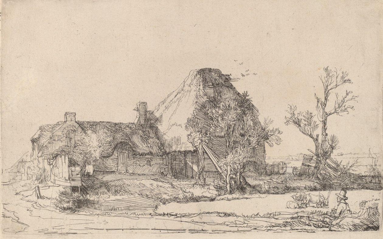 Casas de campo e prédios de fazenda com um homem desenhando, c. 1645. de Rembrandt van Rijn