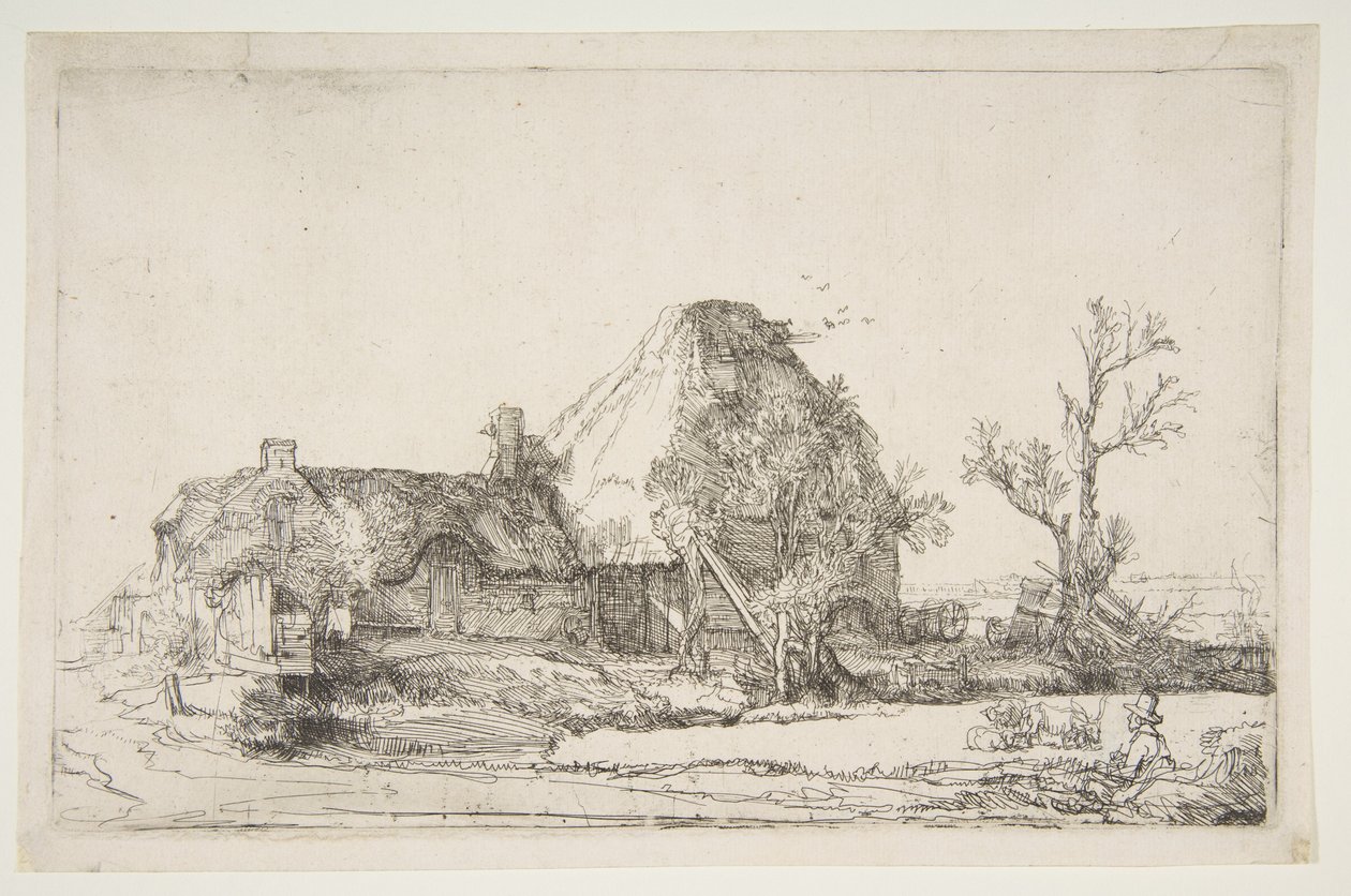Casas de campo e prédios de fazenda com um homem desenhando, ca. 1645. de Rembrandt van Rijn