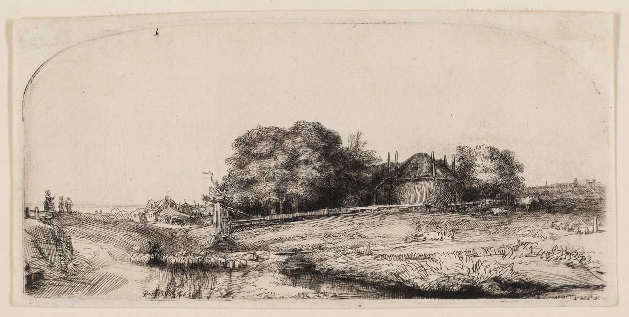 Casas de campo e um celeiro de feno no Diemerdijk com um rebanho de ovelhas de Rembrandt van Rijn