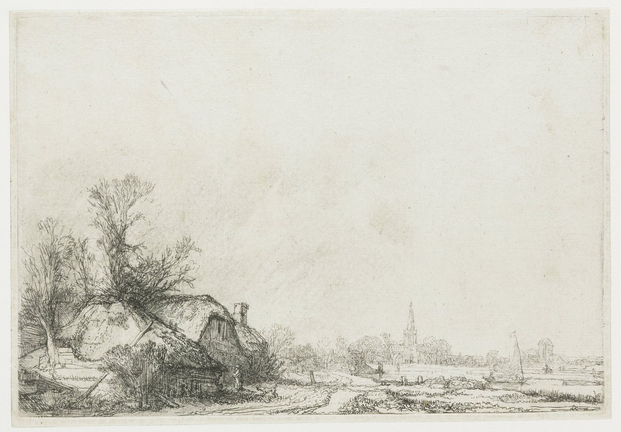Casas de campo junto a um canal: Vista de Ouderkerk aan de Amstel de Rembrandt van Rijn