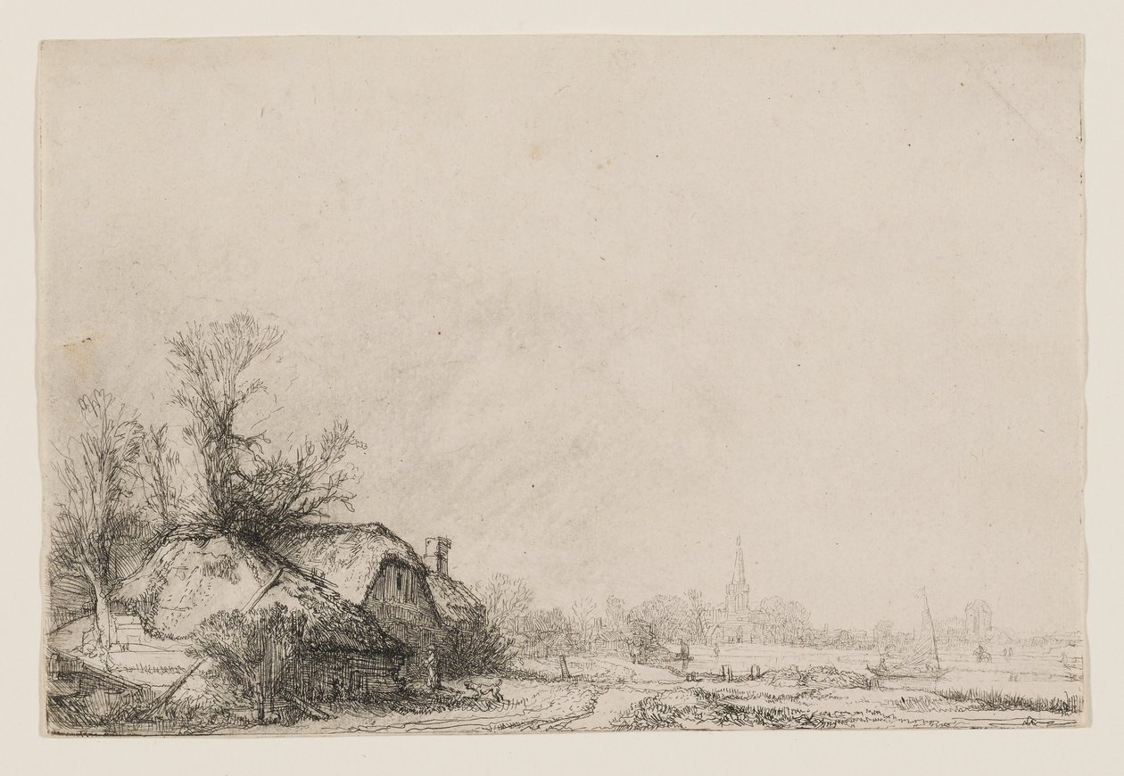 Casas de campo junto a um canal, com uma igreja e um veleiro de Rembrandt van Rijn