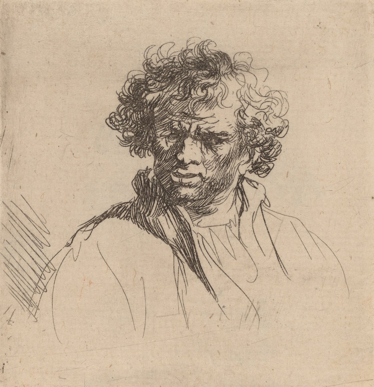 Homem de cabeça encaracolada com boca torta, c. 1635. de Rembrandt van Rijn