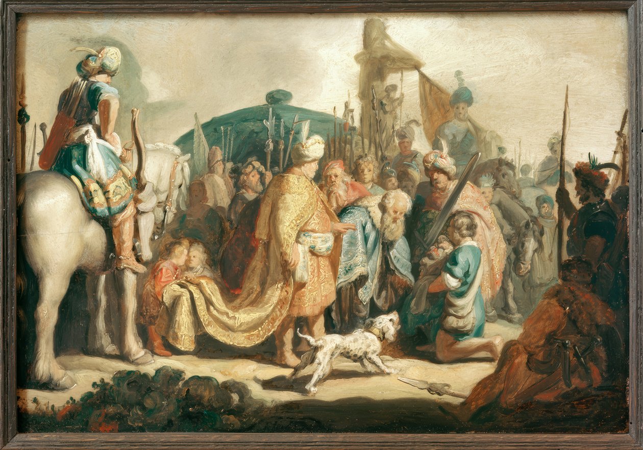 Davi se ajoelha na frente de Saul com a cabeça de Golias na frente dele de Rembrandt van Rijn